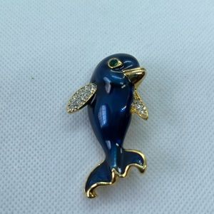 Blue and gold enamel dolphin brooch pin